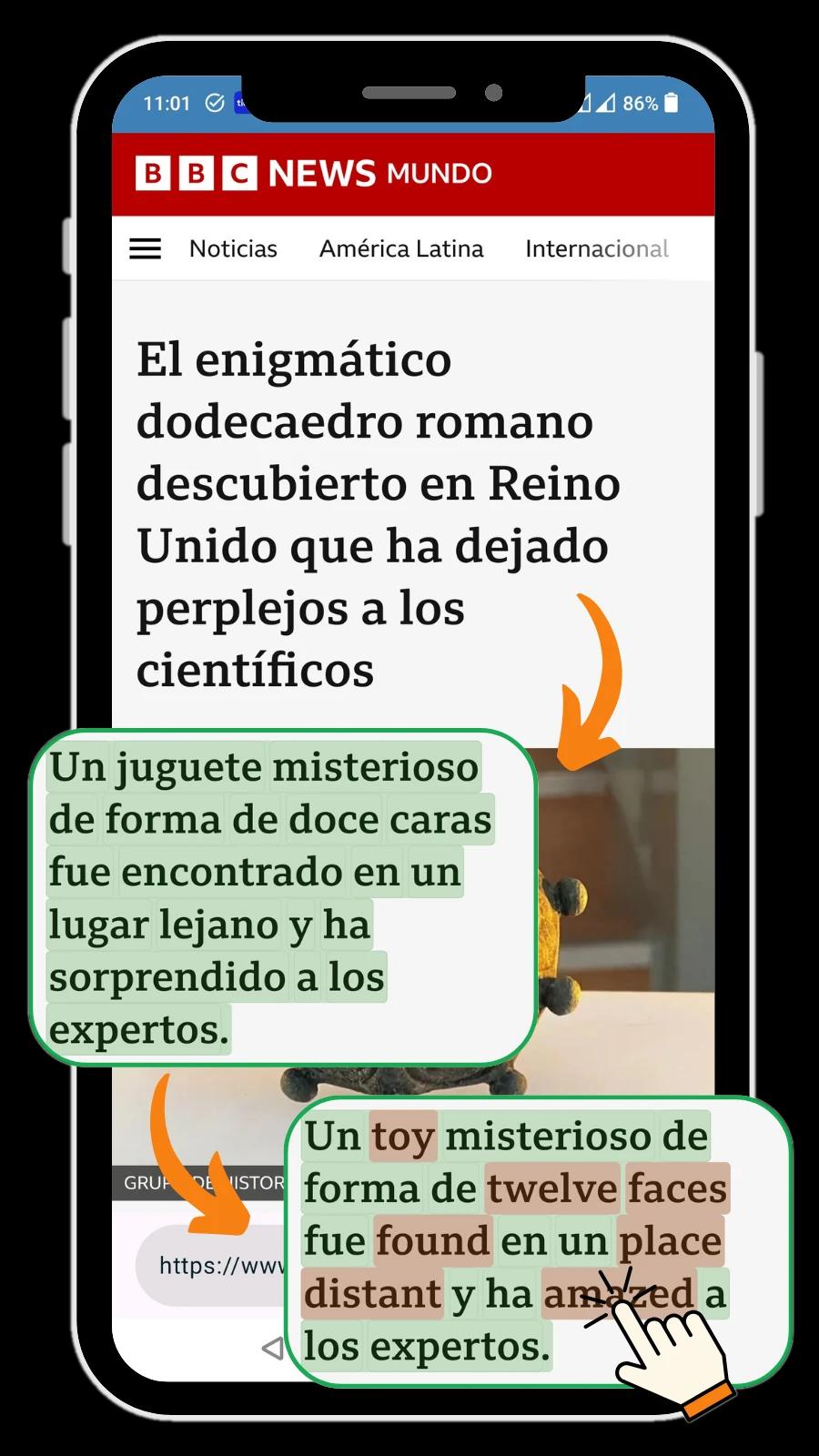 Screenshot of the Squeno app on a smartphone, showcasing the feature of transforming web content into graded readers