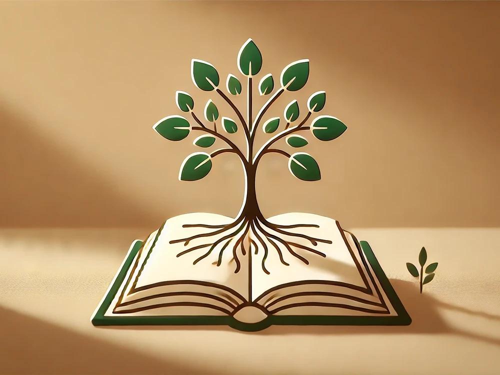 Illustration of a tree growing out of an open book, symbolizing the natural growth of language as a result of reading graded readers.